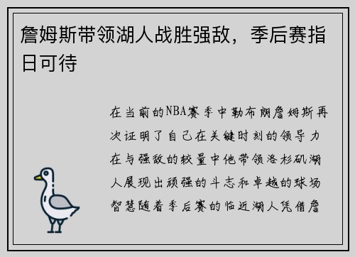 詹姆斯带领湖人战胜强敌，季后赛指日可待
