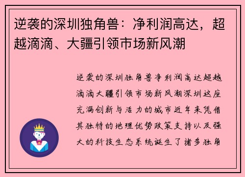 逆袭的深圳独角兽：净利润高达，超越滴滴、大疆引领市场新风潮