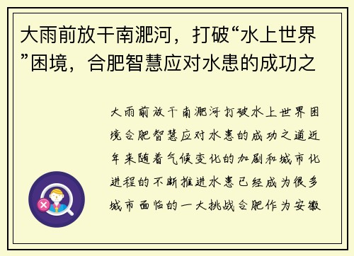 大雨前放干南淝河，打破“水上世界”困境，合肥智慧应对水患的成功之道
