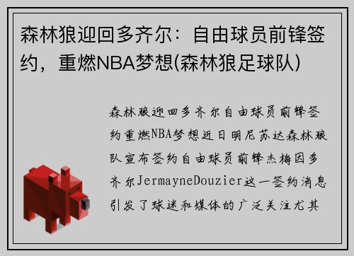 森林狼迎回多齐尔：自由球员前锋签约，重燃NBA梦想(森林狼足球队)